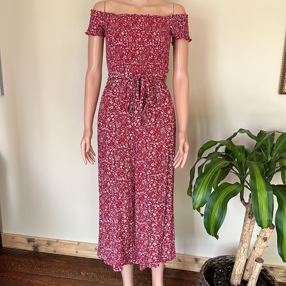 LULU’S Red Floral Cropped Off Shoulder Jumpsuit